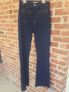 LOFT Dark Indigo Denim Slim Flare Jeans with Contrast Stitching